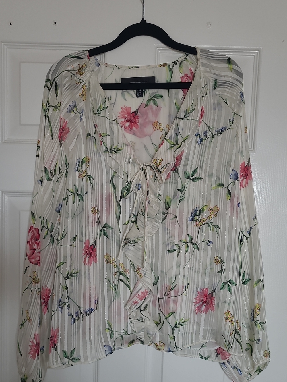 Sheer Floral Ruffle Tie-Neck Blouse - White with Pink & Green Floral